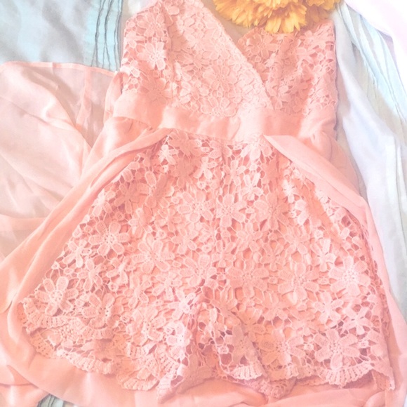 ❌DONATED❌Peach Blush Crochet Floral Lace Detailed Lined Maxi Romper - Picture 4 of 15